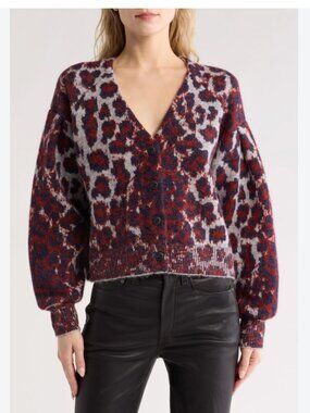 rag & bone Sarah Leopard Print Cardigan red pink purple  xxs cropped sweater